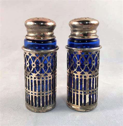 small metal salt and pepper shakers in blue velvet box|Blue Salt Pepper Shakers .